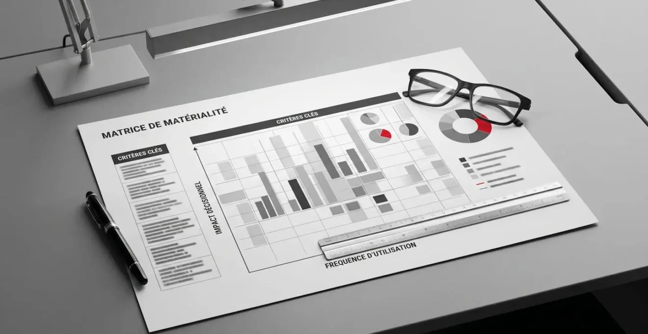 Illustration 3D isométrique d'un laboratoire scientifique minimaliste avec balance de précision, éprouvettes colorées, microscope et carnet de données, symbolisant la rigueur du diagnostic RSE